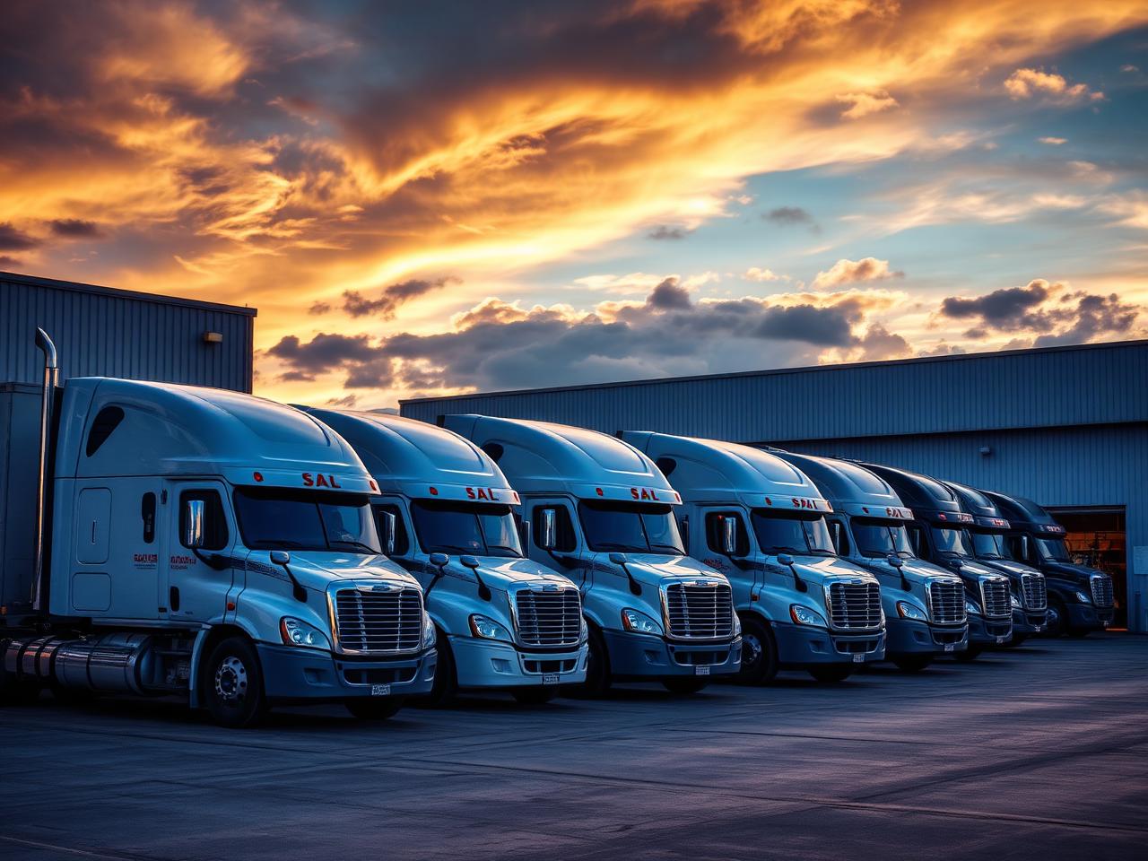 Fleet of commercial trucks parked outside the shop